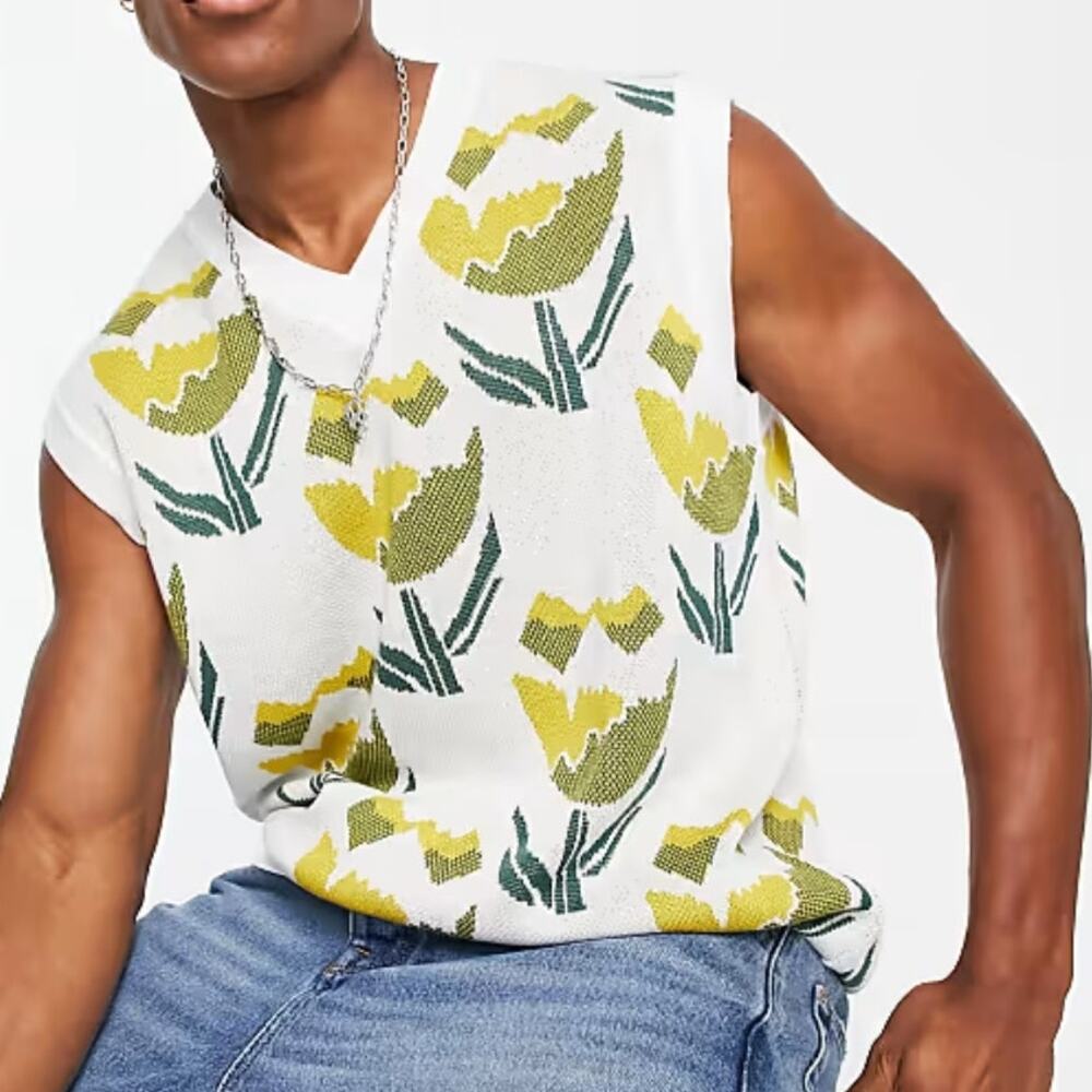 ASOS Design Knitted Tank Mens XL White Yellow Green Floral Sweater Vest